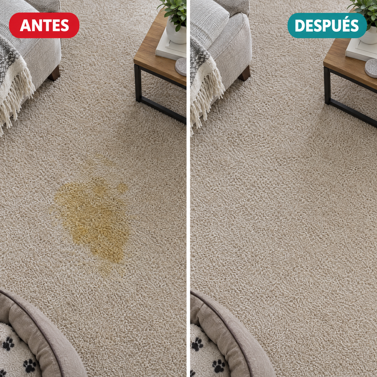 Imagen ilustrativa de antes y después en alfombra